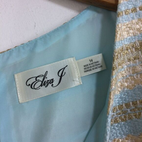 Eliza J Striped Tweed Dress Cream Blue Gold Metallic Shimmer Size 14 - Picture 10 of 10
